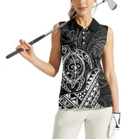 Hawaii Monk Seal and Dolphin Women Sleeveless Polo Shirt Polynesian Kakau Pattern Black White Color LT03 - Polynesian Pride