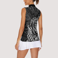 Hawaii Monk Seal and Dolphin Women Sleeveless Polo Shirt Polynesian Kakau Pattern Black White Color LT03 - Polynesian Pride