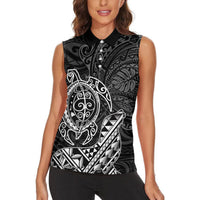 Hawaii Monk Seal and Dolphin Women Sleeveless Polo Shirt Polynesian Kakau Pattern Black White Color LT03 - Polynesian Pride