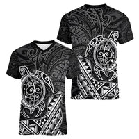 Hawaii Monk Seal and Dolphin Women V-Neck T-Shirt Polynesian Kakau Pattern Black White Color