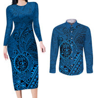 Hawaii Monk Seal and Dolphin Couples Matching Long Sleeve Bodycon Dress and Long Sleeve Button Shirt Polynesian Kakau Pattern Blue LT03 Blue - Polynesian Pride