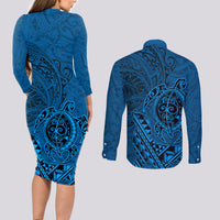 Hawaii Monk Seal and Dolphin Couples Matching Long Sleeve Bodycon Dress and Long Sleeve Button Shirt Polynesian Kakau Pattern Blue LT03 - Polynesian Pride