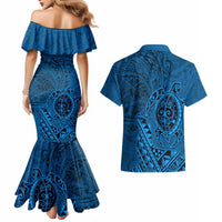 Hawaii Monk Seal and Dolphin Couples Matching Mermaid Dress and Hawaiian Shirt Polynesian Kakau Pattern Blue LT03 - Polynesian Pride