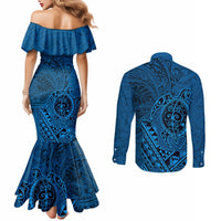 Hawaii Monk Seal and Dolphin Couples Matching Mermaid Dress and Long Sleeve Button Shirt Polynesian Kakau Pattern Blue LT03 - Polynesian Pride