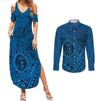 Hawaii Monk Seal and Dolphin Couples Matching Summer Maxi Dress and Long Sleeve Button Shirt Polynesian Kakau Pattern Blue LT03 Blue - Polynesian Pride