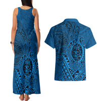 Hawaii Monk Seal and Dolphin Couples Matching Tank Maxi Dress and Hawaiian Shirt Polynesian Kakau Pattern Blue