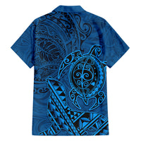 Hawaii Monk Seal and Dolphin Family Matching Off Shoulder Short Dress and Hawaiian Shirt Polynesian Kakau Pattern Blue