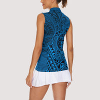Hawaii Monk Seal and Dolphin Women Sleeveless Polo Shirt Polynesian Kakau Pattern Blue