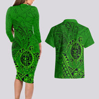 Hawaii Monk Seal and Dolphin Couples Matching Long Sleeve Bodycon Dress and Hawaiian Shirt Polynesian Kakau Pattern Green