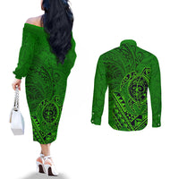 Hawaii Monk Seal and Dolphin Couples Matching Off The Shoulder Long Sleeve Dress and Long Sleeve Button Shirt Polynesian Kakau Pattern Green