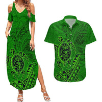 Hawaii Monk Seal and Dolphin Couples Matching Summer Maxi Dress and Hawaiian Shirt Polynesian Kakau Pattern Green LT03 Green - Polynesian Pride