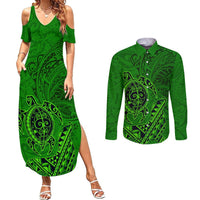 Hawaii Monk Seal and Dolphin Couples Matching Summer Maxi Dress and Long Sleeve Button Shirt Polynesian Kakau Pattern Green LT03 Green - Polynesian Pride