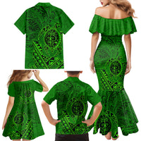 Hawaii Monk Seal and Dolphin Family Matching Mermaid Dress and Hawaiian Shirt Polynesian Kakau Pattern Green