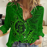 Hawaii Monk Seal and Dolphin Women Casual Shirt Polynesian Kakau Pattern Green