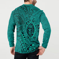 Hawaii Monk Seal and Dolphin Button Sweatshirt Polynesian Kakau Pattern Turquoise