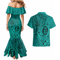 Hawaii Monk Seal and Dolphin Couples Matching Mermaid Dress and Hawaiian Shirt Polynesian Kakau Pattern Turquoise