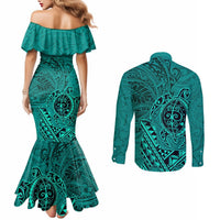 Hawaii Monk Seal and Dolphin Couples Matching Mermaid Dress and Long Sleeve Button Shirt Polynesian Kakau Pattern Turquoise LT03 - Polynesian Pride