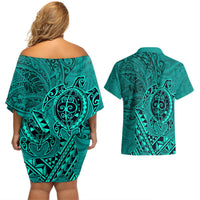 Hawaii Monk Seal and Dolphin Couples Matching Off Shoulder Short Dress and Hawaiian Shirt Polynesian Kakau Pattern Turquoise