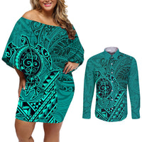 Hawaii Monk Seal and Dolphin Couples Matching Off Shoulder Short Dress and Long Sleeve Button Shirt Polynesian Kakau Pattern Turquoise LT03 Turquoise - Polynesian Pride