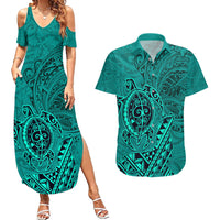 Hawaii Monk Seal and Dolphin Couples Matching Summer Maxi Dress and Hawaiian Shirt Polynesian Kakau Pattern Turquoise LT03 Turquoise - Polynesian Pride
