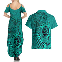 Hawaii Monk Seal and Dolphin Couples Matching Summer Maxi Dress and Hawaiian Shirt Polynesian Kakau Pattern Turquoise LT03 - Polynesian Pride