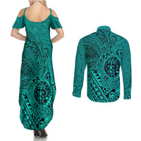 Hawaii Monk Seal and Dolphin Couples Matching Summer Maxi Dress and Long Sleeve Button Shirt Polynesian Kakau Pattern Turquoise