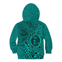 Hawaii Monk Seal and Dolphin Kid Hoodie Polynesian Kakau Pattern Turquoise