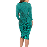 Hawaii Monk Seal and Dolphin Long Sleeve Bodycon Dress Polynesian Kakau Pattern Turquoise