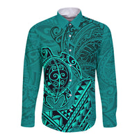 Hawaii Monk Seal and Dolphin Long Sleeve Button Shirt Polynesian Kakau Pattern Turquoise