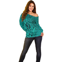Hawaii Monk Seal and Dolphin Off Shoulder Sweater Polynesian Kakau Pattern Turquoise