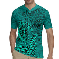 Hawaii Monk Seal and Dolphin Rugby Jersey Polynesian Kakau Pattern Turquoise
