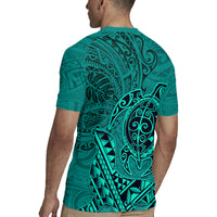 Hawaii Monk Seal and Dolphin Rugby Jersey Polynesian Kakau Pattern Turquoise