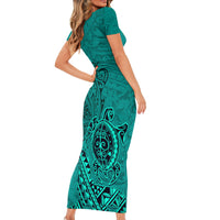Hawaii Monk Seal and Dolphin Short Sleeve Bodycon Dress Polynesian Kakau Pattern Turquoise LT03 - Polynesian Pride
