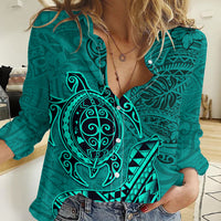 Hawaii Monk Seal and Dolphin Women Casual Shirt Polynesian Kakau Pattern Turquoise