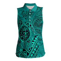 Hawaii Monk Seal and Dolphin Women Sleeveless Polo Shirt Polynesian Kakau Pattern Turquoise LT03 Female Turquoise - Polynesian Pride