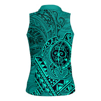 Hawaii Monk Seal and Dolphin Women Sleeveless Polo Shirt Polynesian Kakau Pattern Turquoise LT03 - Polynesian Pride