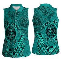 Hawaii Monk Seal and Dolphin Women Sleeveless Polo Shirt Polynesian Kakau Pattern Turquoise LT03 - Polynesian Pride