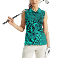 Hawaii Monk Seal and Dolphin Women Sleeveless Polo Shirt Polynesian Kakau Pattern Turquoise LT03 - Polynesian Pride