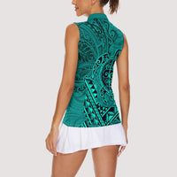 Hawaii Monk Seal and Dolphin Women Sleeveless Polo Shirt Polynesian Kakau Pattern Turquoise LT03 - Polynesian Pride