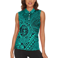 Hawaii Monk Seal and Dolphin Women Sleeveless Polo Shirt Polynesian Kakau Pattern Turquoise LT03 - Polynesian Pride