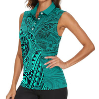 Hawaii Monk Seal and Dolphin Women Sleeveless Polo Shirt Polynesian Kakau Pattern Turquoise LT03 - Polynesian Pride