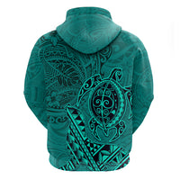 Hawaii Monk Seal and Dolphin Zip Hoodie Polynesian Kakau Pattern Turquoise