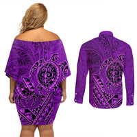 Hawaii Monk Seal and Dolphin Couples Matching Off Shoulder Short Dress and Long Sleeve Button Shirt Polynesian Kakau Pattern Purple LT03 - Polynesian Pride