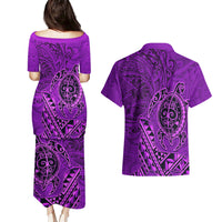 Hawaii Monk Seal and Dolphin Couples Matching Puletasi and Hawaiian Shirt Polynesian Kakau Pattern Purple
