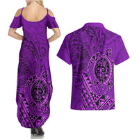 Hawaii Monk Seal and Dolphin Couples Matching Summer Maxi Dress and Hawaiian Shirt Polynesian Kakau Pattern Purple