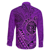 Hawaii Monk Seal and Dolphin Family Matching Off Shoulder Short Dress and Hawaiian Shirt Polynesian Kakau Pattern Purple LT03 - Polynesian Pride