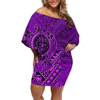 Hawaii Monk Seal and Dolphin Family Matching Off Shoulder Short Dress and Hawaiian Shirt Polynesian Kakau Pattern Purple LT03 Mom's Dress Purple - Polynesian Pride