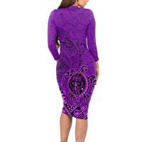Hawaii Monk Seal and Dolphin Long Sleeve Bodycon Dress Polynesian Kakau Pattern Purple
