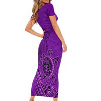 Hawaii Monk Seal and Dolphin Short Sleeve Bodycon Dress Polynesian Kakau Pattern Purple LT03 - Polynesian Pride