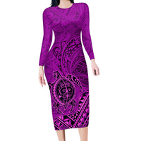 Hawaii Monk Seal and Dolphin Family Matching Long Sleeve Bodycon Dress and Hawaiian Shirt Polynesian Kakau Pattern Pink